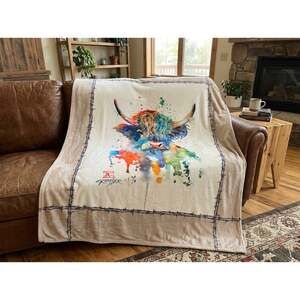 Carstens Inc Highland Cow Watercolor by Dean Crouser Plush Multicolored Throw